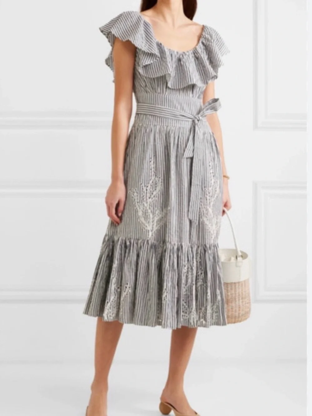 Tory Burch Striped Ruffle Midi Dress, embroidery on lower half, size 4